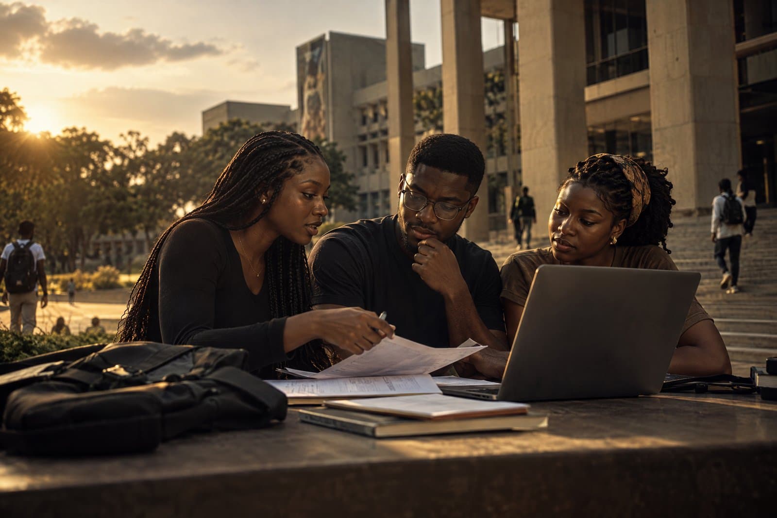 Nigerian university students studying together on campus