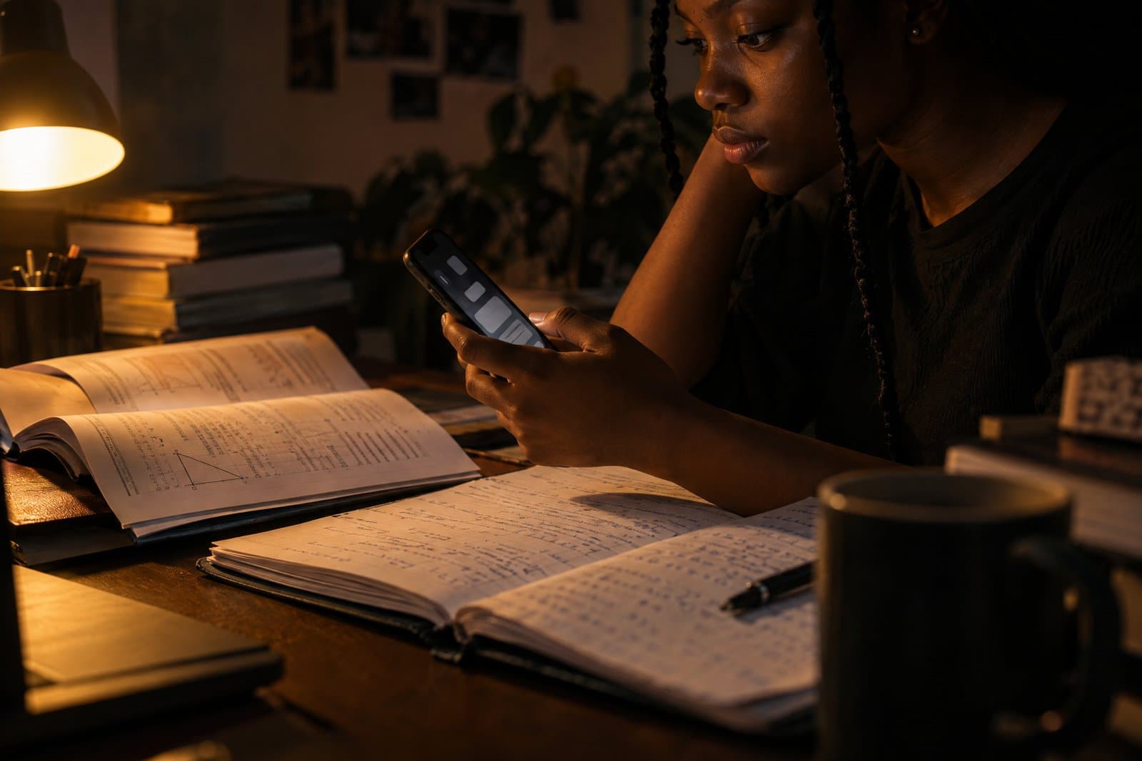 Student recording a short video on a phone while studying